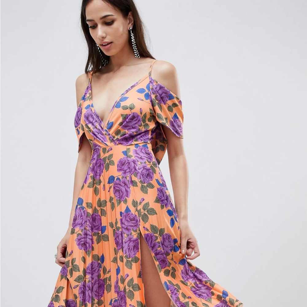ASOS DESIGN cold shoulder cowl back pleated midi dress in bloom print